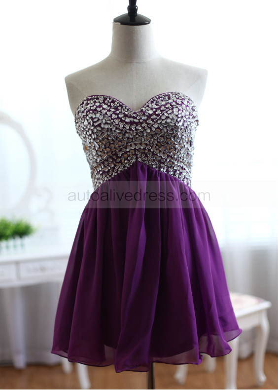 Strapless Purple Chiffon Short Rhinestone Prom Dress